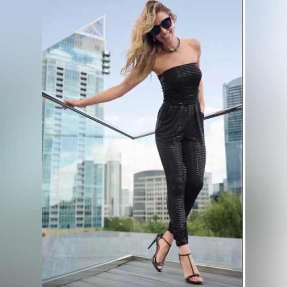 Sequin all over black strapless jumpsuit - Picture 1 of 16